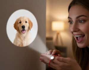 Colgante hueso perro con foto interior proyectando la imagen de un perro.
