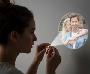 Colgante luna con foto personalizada proyectando una imagen romántica en la pared.