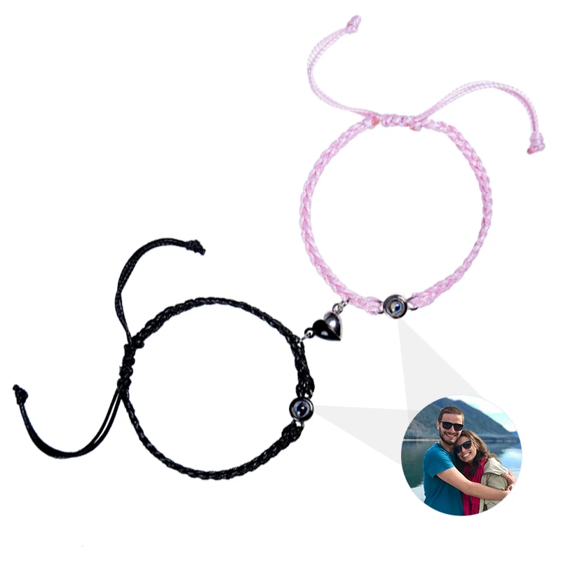 set pulseras corazon magnetico negro y rosa