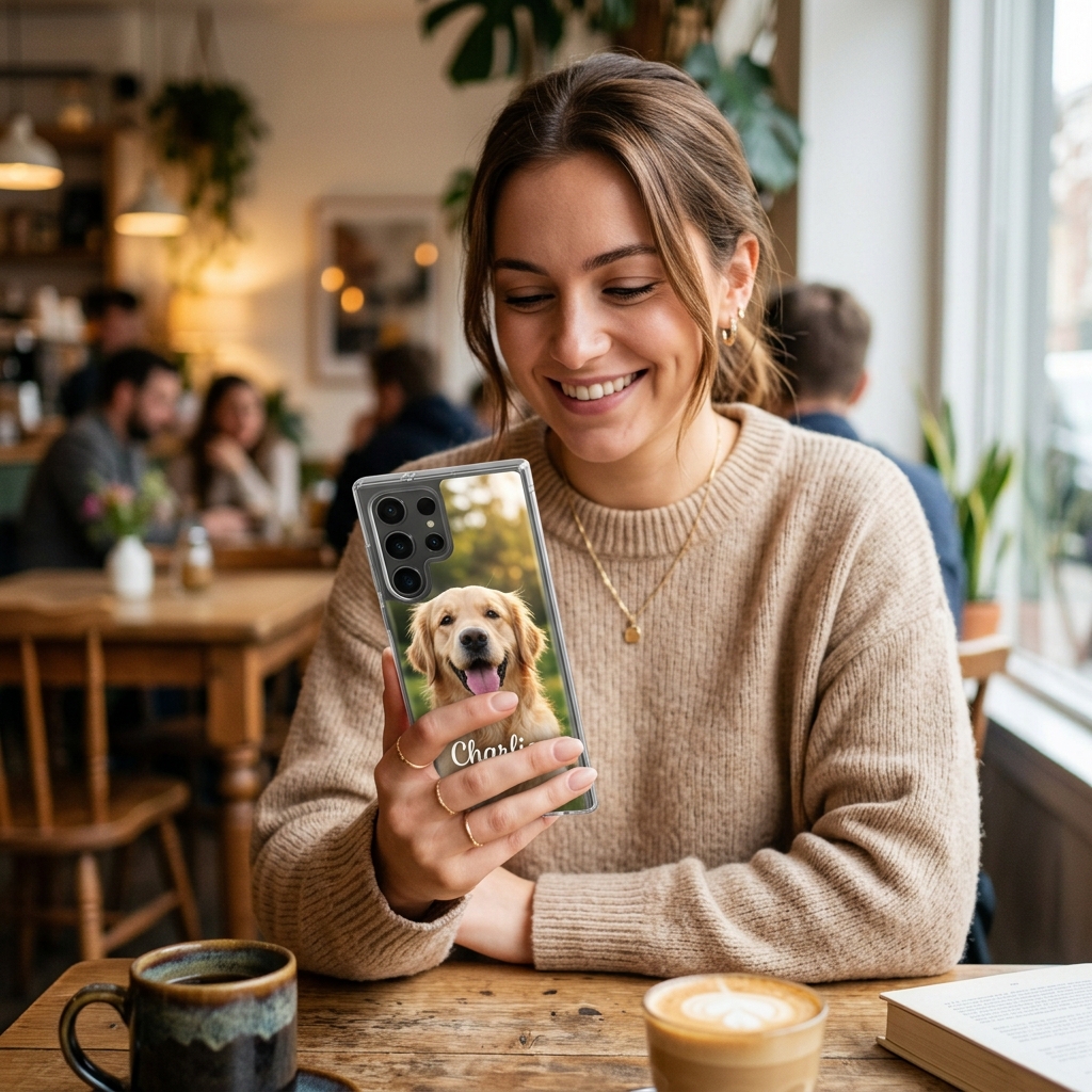 Ejemplo real de funda personalizada para Samsung Galaxy con foto de mascota