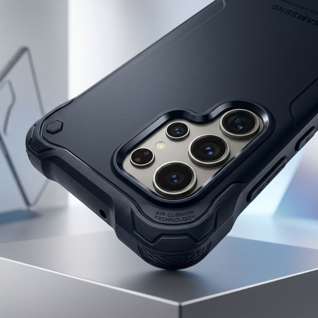 Detalle de esquinas reforzadas y bisel elevado para lentes de cámara Samsung Galaxy