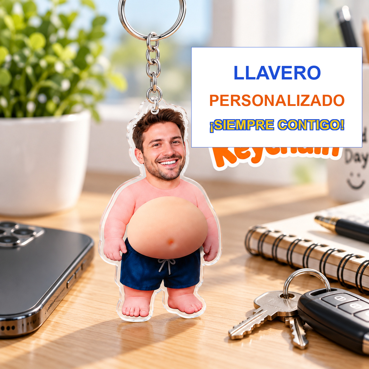 Llavero personalizado con cara cómica en escritorio