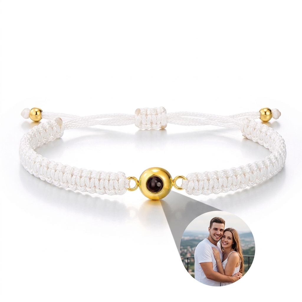 Pulsera de cuerda trenzada blanca con foto personalizada proyector