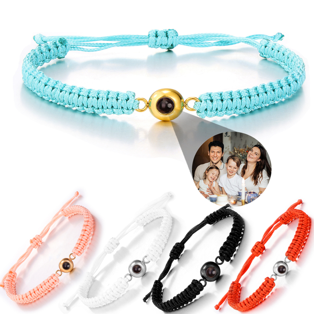 Pulsera de cuerda trenzada con foto personalizada oculta en charm proyector