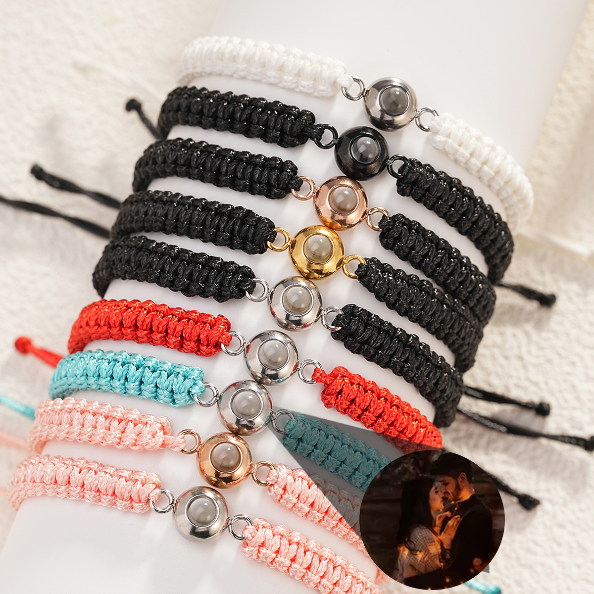 Pulseras de cuerda con foto en varios colores blanco negro turquesa rosa y rojo