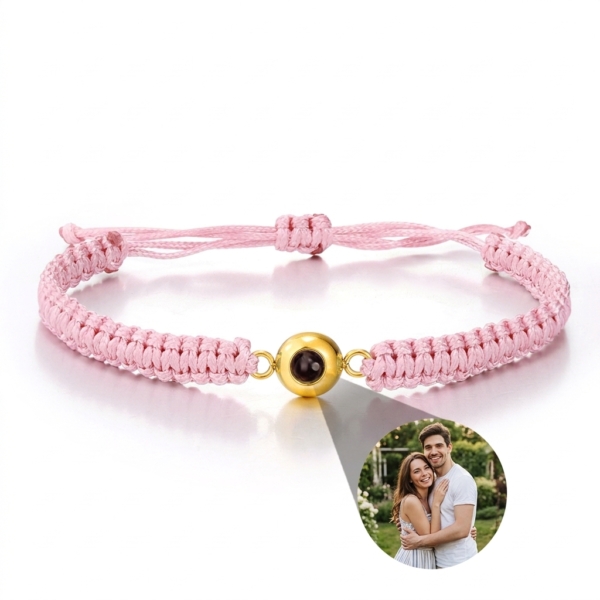 Pulsera de cuerda trenzada rosa con foto personalizada proyector