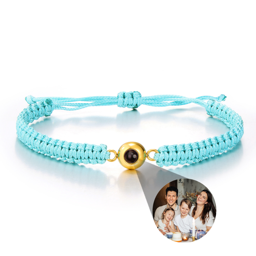 Pulsera de cuerda trenzada azul turquesa con foto personalizada
