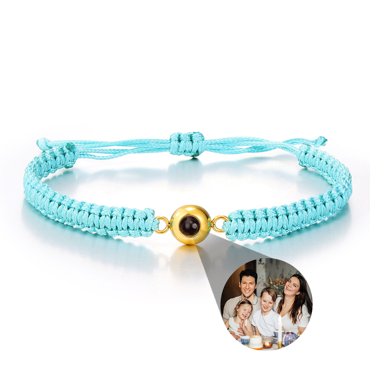 Pulsera de cuerda trenzada azul turquesa con foto personalizada